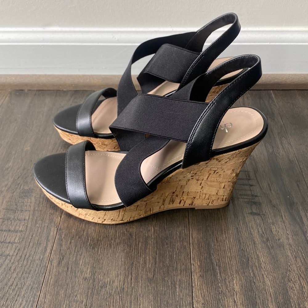 Black Cork Wedge Sandals with Elastic Straps